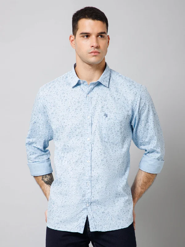 Winter JacketsMen's Light Blue Casual Floral Print Full Sleeve Shirt