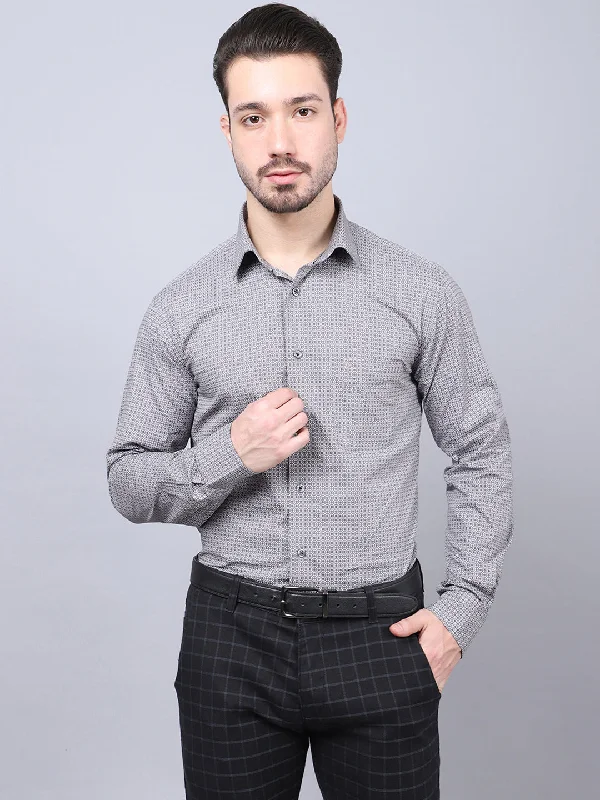 Men's Grey  Formal Geometric Print Full Sleeve ShirtLeather-Paneled Knit Tops