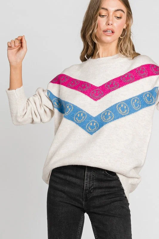 Oatmeal Chevron Happy Face Print Round Neck Sweater TopSheer Knit Tops