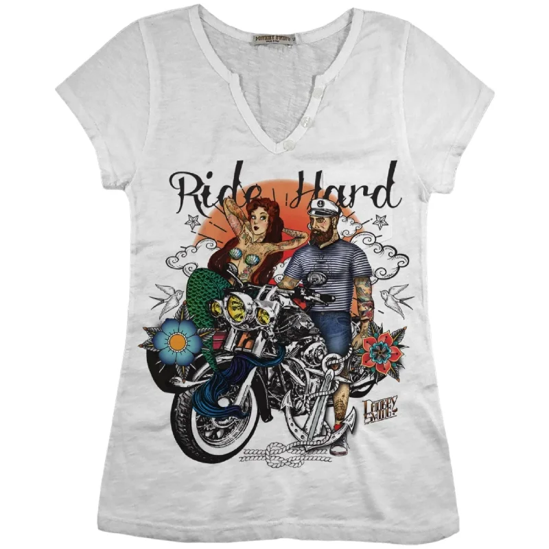 Vintabros Ride Hard Cotton Women T-shirt V NeckOversized T-Shirts